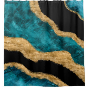 Watercolor and gold Turquoise Wave Abstract Shower Curtain
