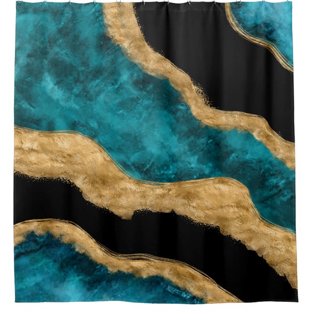 Watercolor and gold Turquoise Wave Abstract  Shower Curtain (Front)