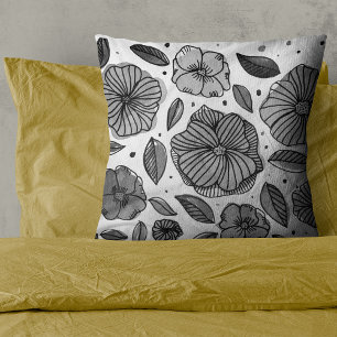 Watercolor and ink flowers – black and white cushion