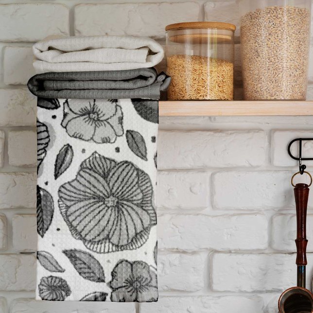 Watercolor and ink flowers – black and white tea towel (Creator Uploaded)