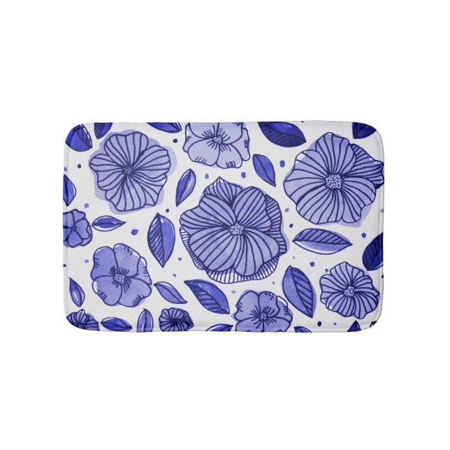 Watercolor and ink flowers – blue palette bath mat (Front)