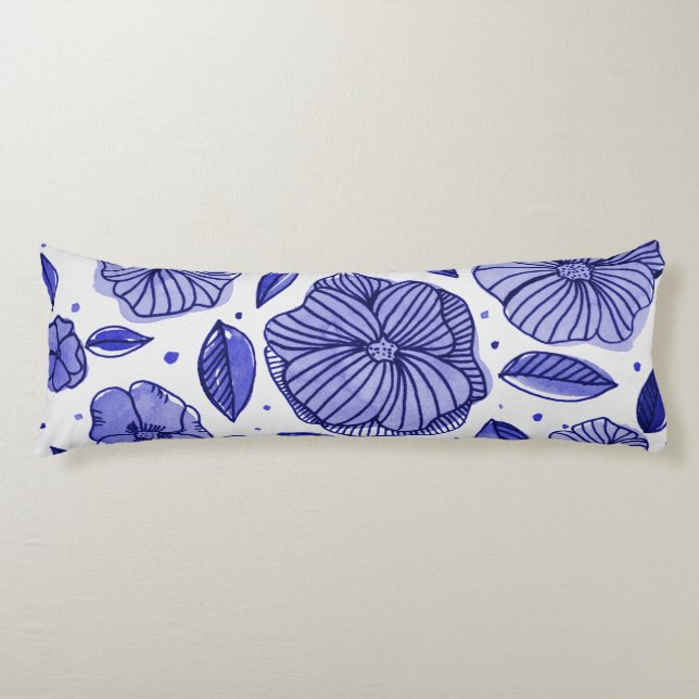 Watercolor and ink flowers – blue palette body cushion (Front)
