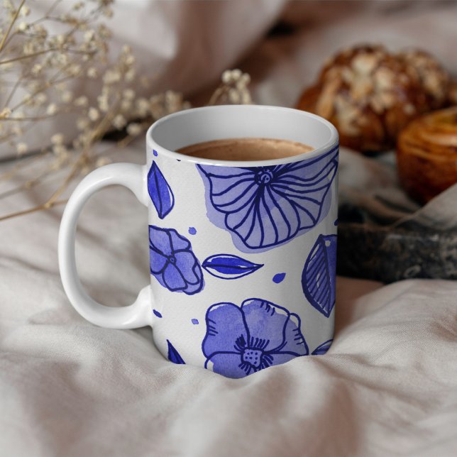 Watercolor and ink flowers – blue palette coffee mug (Creator Uploaded)