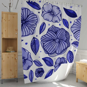 Watercolor and ink flowers – blue palette shower curtain