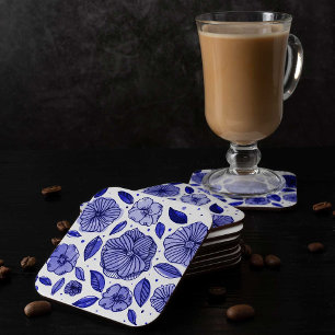 Watercolor and ink flowers – blue palette square paper coaster