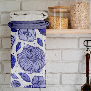 Watercolor and ink flowers – blue palette tea towel
