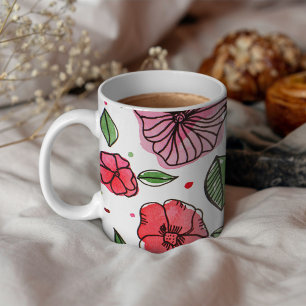 Watercolor and ink flowers – pink and green coffee mug