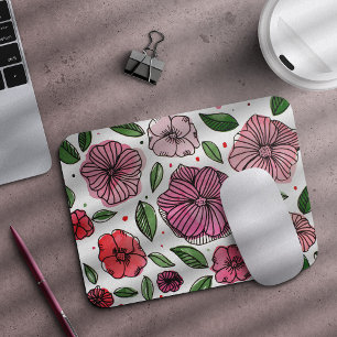 Watercolor and ink flowers – pink and green mouse mat