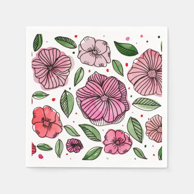 Watercolor and ink flowers – pink and green napkin (Front)