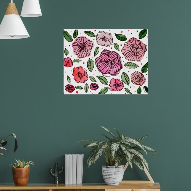 Watercolor and ink flowers – pink and green poster (Living Room 1)