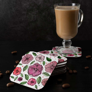 Watercolor and ink flowers – pink and green square paper coaster