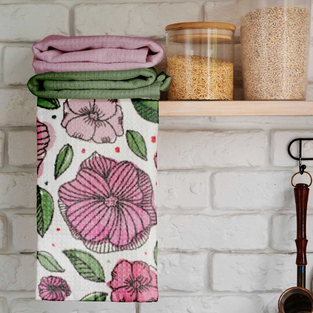 Watercolor and ink flowers – pink and green tea towel (Creator Uploaded)