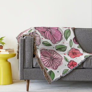 Watercolor and ink flowers – pink and green throw blanket