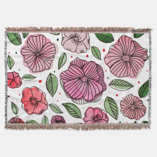 Watercolor and ink flowers – pink and green throw blanket (Front)