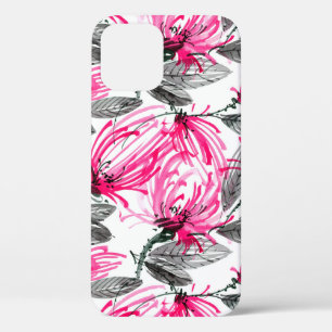 Watercolor and ink illustration of red flower with iPhone 12 case