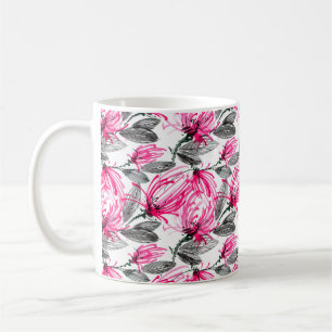 Watercolor and ink illustration of red flower with coffee mug