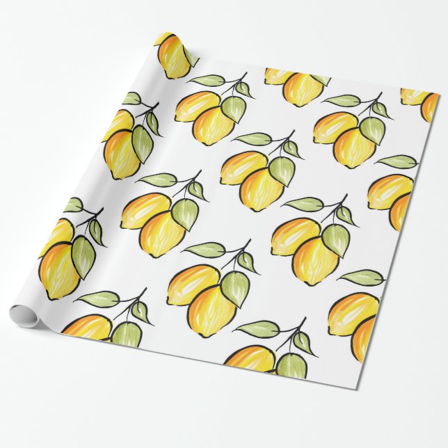 Watercolor and Ink Lemons Pattern Wrapping Paper (Unrolled)