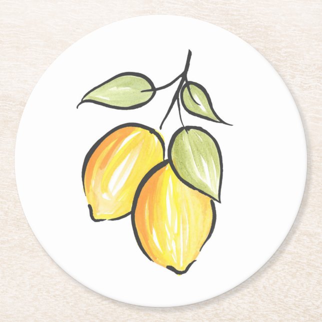 Watercolor and Ink Lemons Round Paper Coaster (Front)