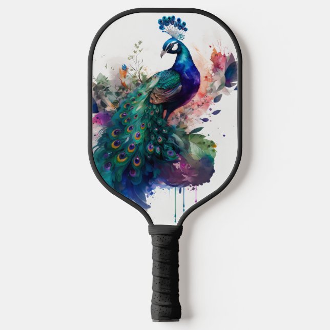 Watercolor and Ink Peacock Pickleball Paddle (Front)