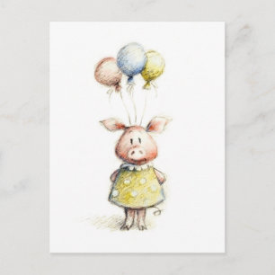 Watercolor and pencil drawing of pig with balloons postcard
