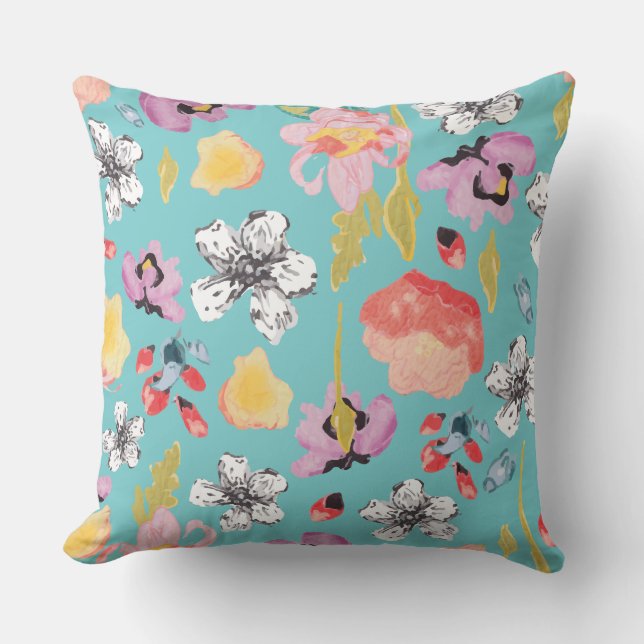 Watercolor and textured stylised floral pillow (Front)
