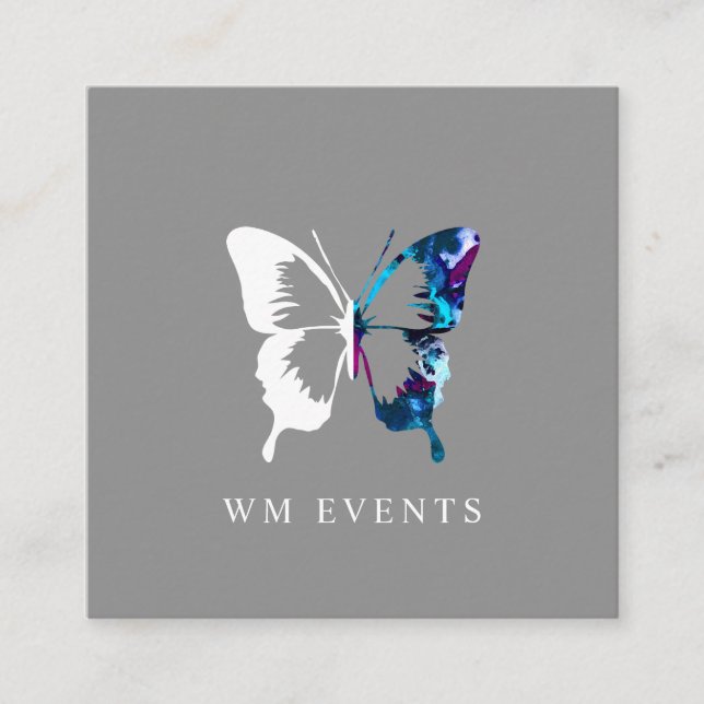 Watercolor and White Butterfly Square Business Card (Front)