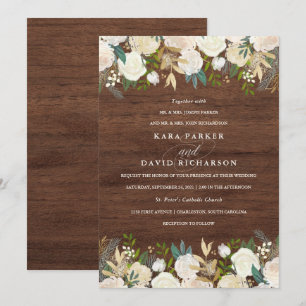 Watercolor and Wood Rustic Floral Wedding Invitation