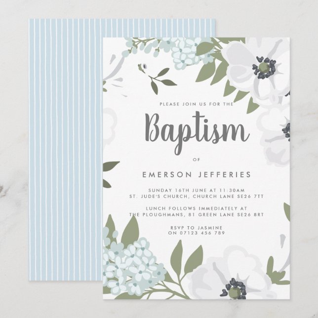 Watercolor Anemone Blue Baptism Invitation (Front/Back)