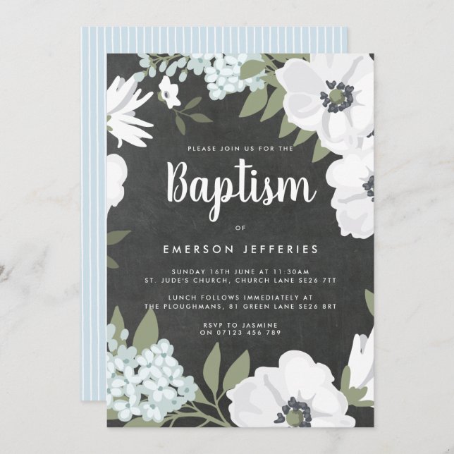 Watercolor Anemone Chalkboard Blue Baptism Invitation (Front/Back)
