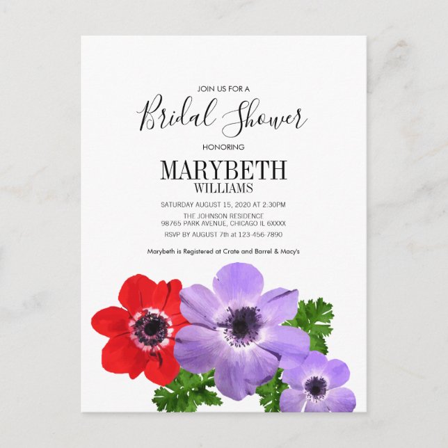 Watercolor Anemone Floral Bridal Shower Card (Front)