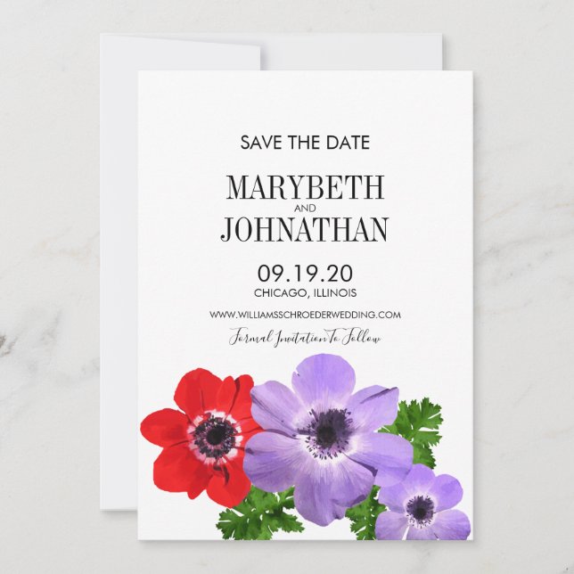 Watercolor Anemone Floral Save The Date Card (Front)