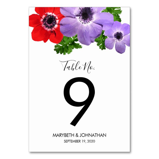 Watercolor Anemone Floral Table Number Card (Front)
