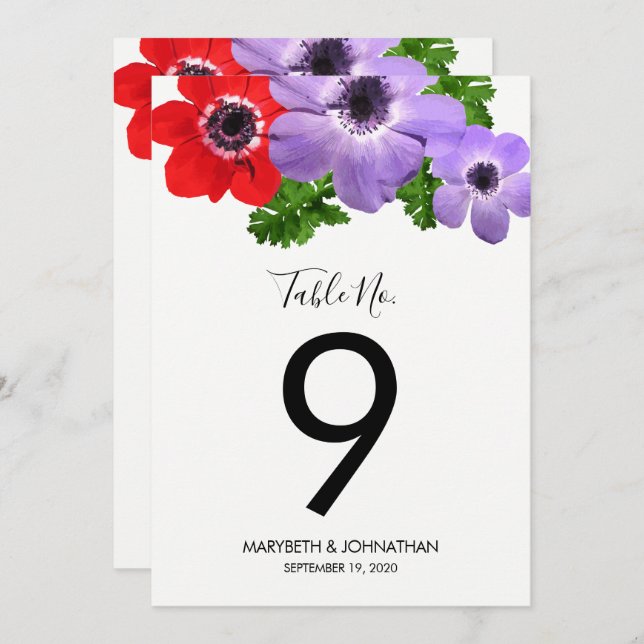Watercolor Anemone Floral Table Number Card (Front/Back)