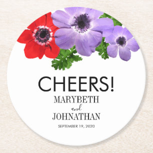 Watercolor Anemone Floral Wedding Coaster