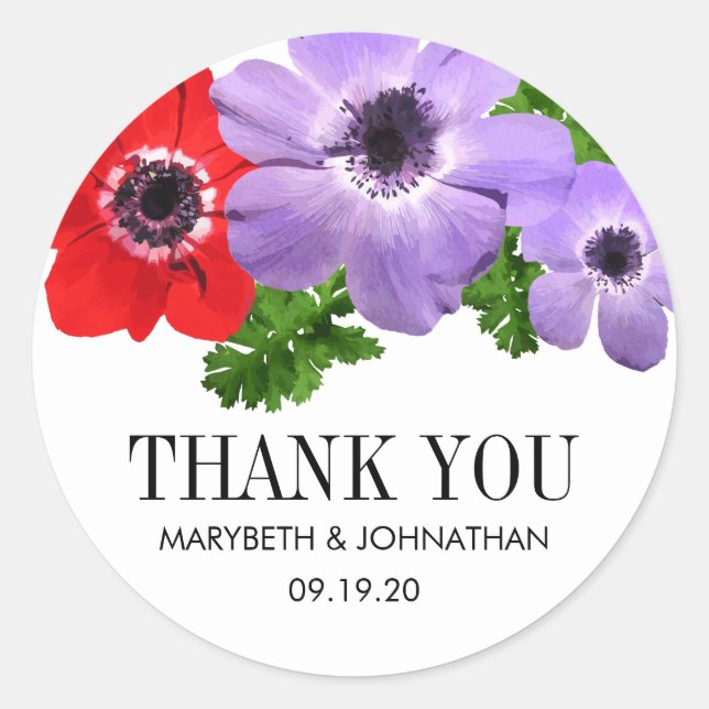 Watercolor Anemone Floral Wedding Favour Sticker (Front)