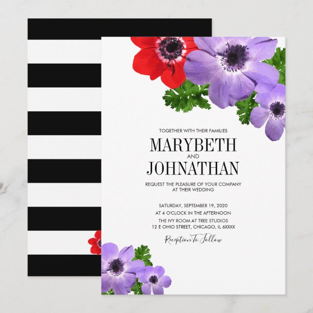 Watercolor Anemone Floral Wedding Invitation Card (Front/Back)