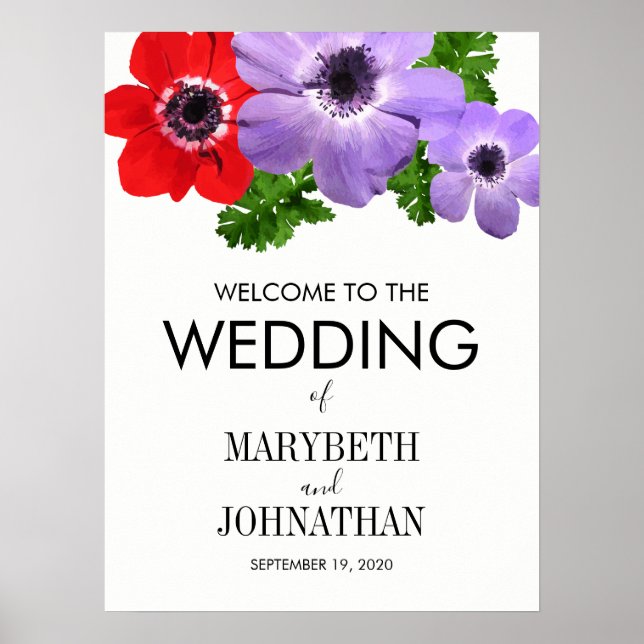 Watercolor Anemone Floral Wedding Welcome Sign (Front)