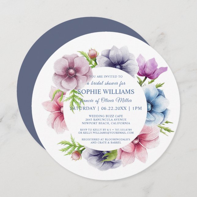 Watercolor Anemone Flower Bridal Shower Invitation (Front/Back)