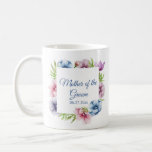Watercolor Anemone Flower Wedding Coffee Mug<br><div class="desc">These Wedding Coffee Mug feature an elegant blue script on a white background surrounded by gorgeous Anemone flowers in pink, lavender, blue, purple and violet with green leaves. The text can be personalised by editing the text boxes. Designed for you by Evco Studio © at www.zazzle.com/store/evcostudio #wedding #coffee #mugs #coffeemugs...</div>