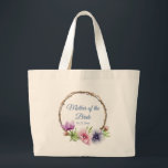 Watercolor Anemone Flower Wedding Large Tote Bag<br><div class="desc">These wedding tote bags feature an elegant blue script on a white background surrounded by gorgeous Anemone flowers in pink, lavender, blue, purple and violet with green leaves. The text can be personalised by editing the text boxes. Designed for you by Evco Studio © at www.zazzle.com/store/evcostudio #wedding #motherofthebride #tote #bags...</div>