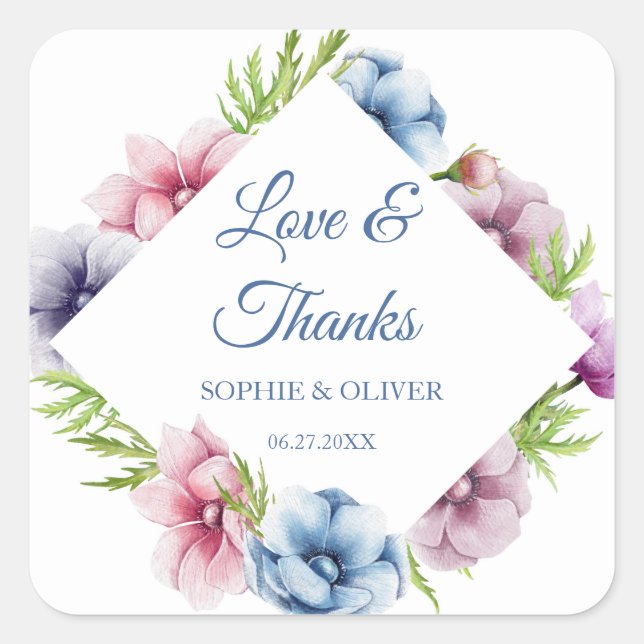 Watercolor Anemone Flower Wedding Square Sticker (Front)