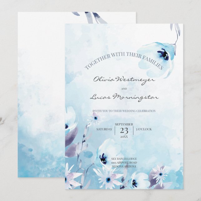 Watercolor Anemone Flowers Ice Blue Invitation (Front/Back)