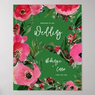 Watercolor Anemone Green Wedding Welcome Poster