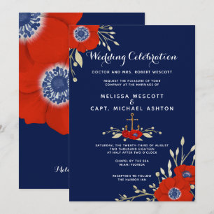 Watercolor Anemone Nautical 🌸⚓Formal Wedding Invitation