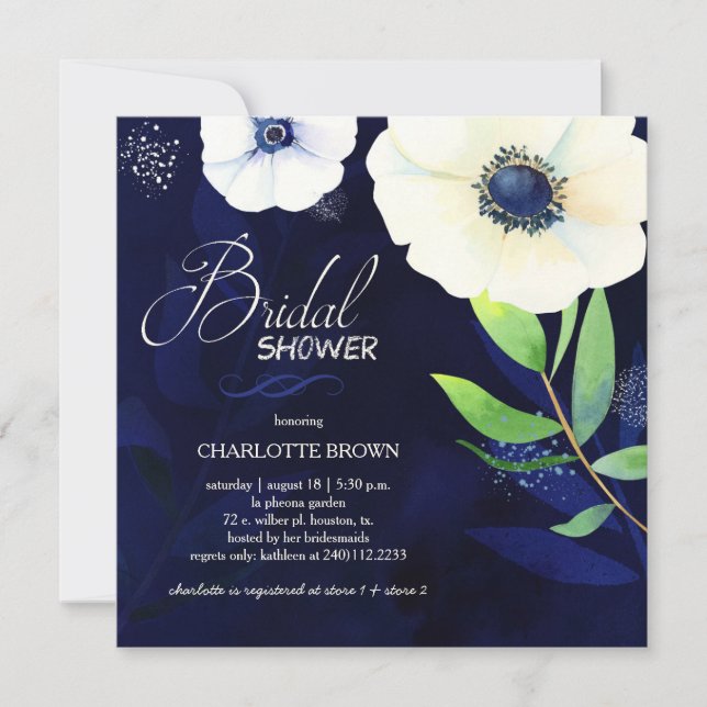 Watercolor Anemone Navy Blue Bridal Shower Invitation (Front)