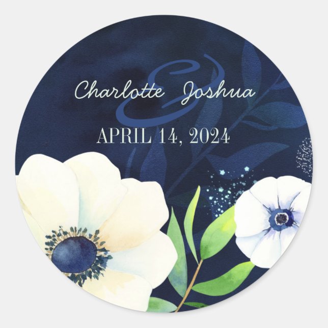 Watercolor Anemone Navy Blue Wedding Classic Round Sticker (Front)