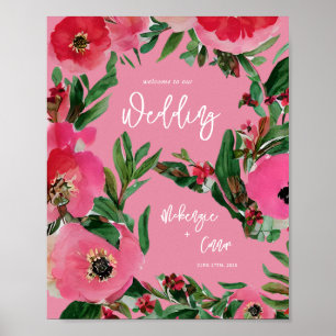 Watercolor Anemone Pink Wedding Welcome Poster