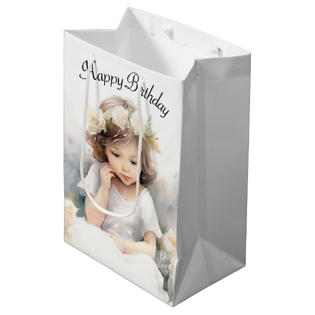 Watercolor Angel Birthday Girl Medium Gift Bag (Front Angled)