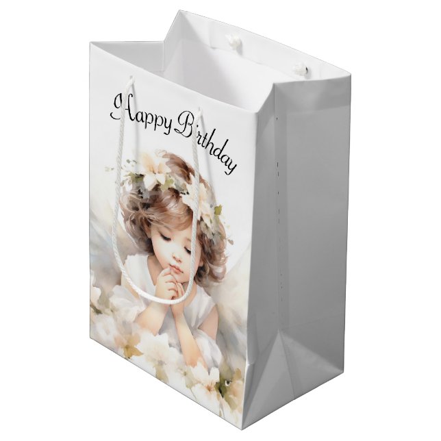 Watercolor Angel Birthday Girl Medium Gift Bag (Front Angled)