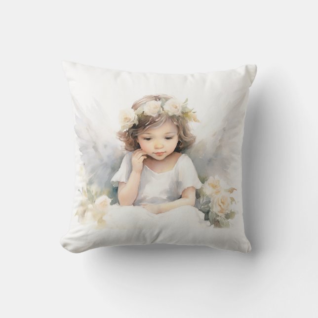 Watercolor Angel Girl With Flowers Cushion (Front)